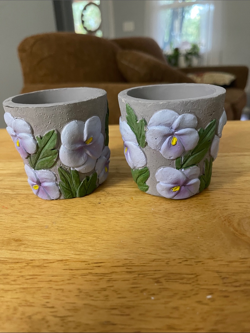 Hand-Painted Floral Ceramic Votive Holders in Light Purple and Green